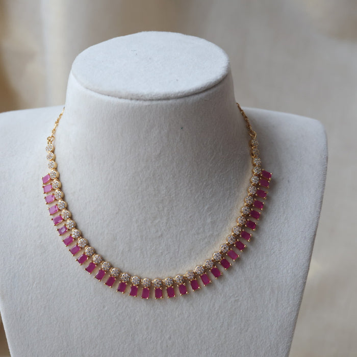Heritage gold plated ruby white stone long and short necklace with earrings HLS1176