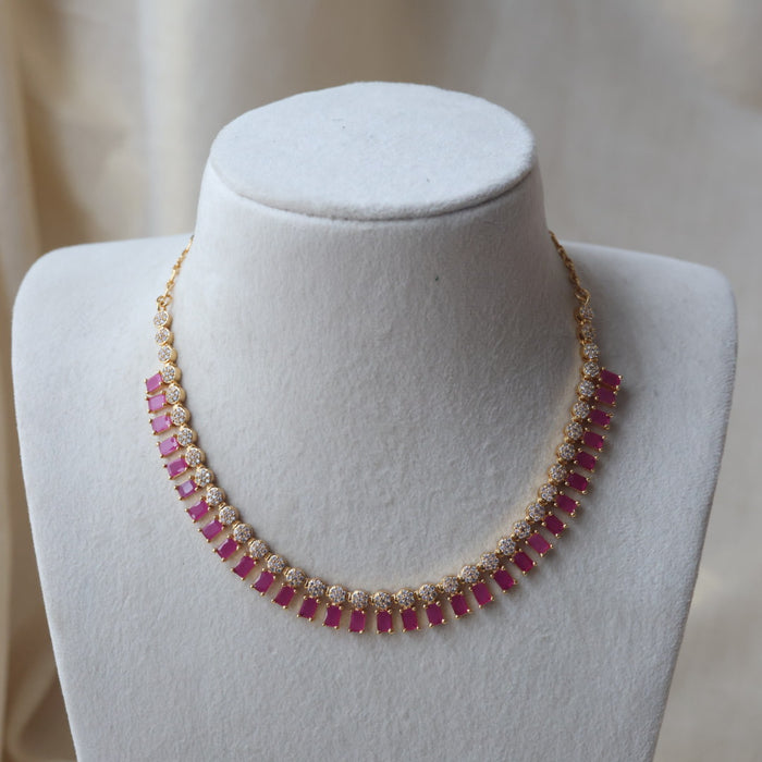 Heritage gold plated ruby white stone long and short necklace with earrings HLS1176