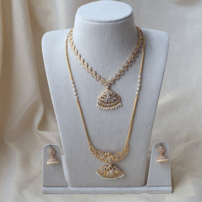 Heritage gold plated white stone long and short necklace with earrings HLS688