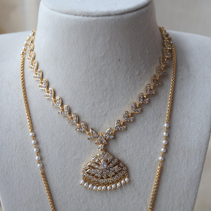 Heritage gold plated white stone long and short necklace with earrings HLS688