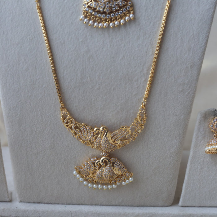 Heritage gold plated white stone long and short necklace with earrings HLS688