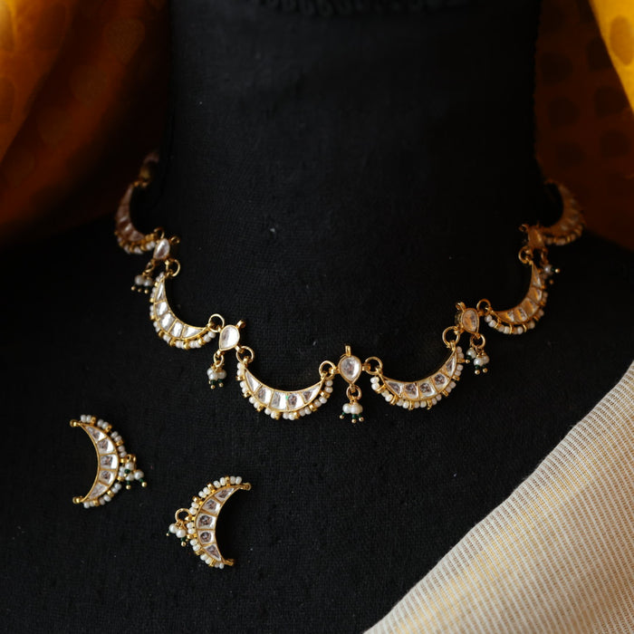 Minimal kundan white stone short necklace with earrings MS3247