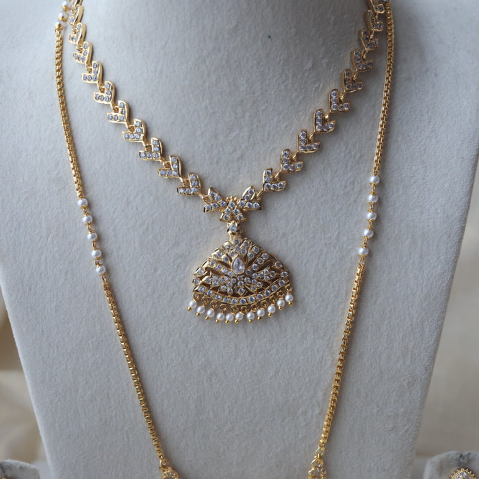 Heritage gold plated white stone long and short necklace with earrings HLS688