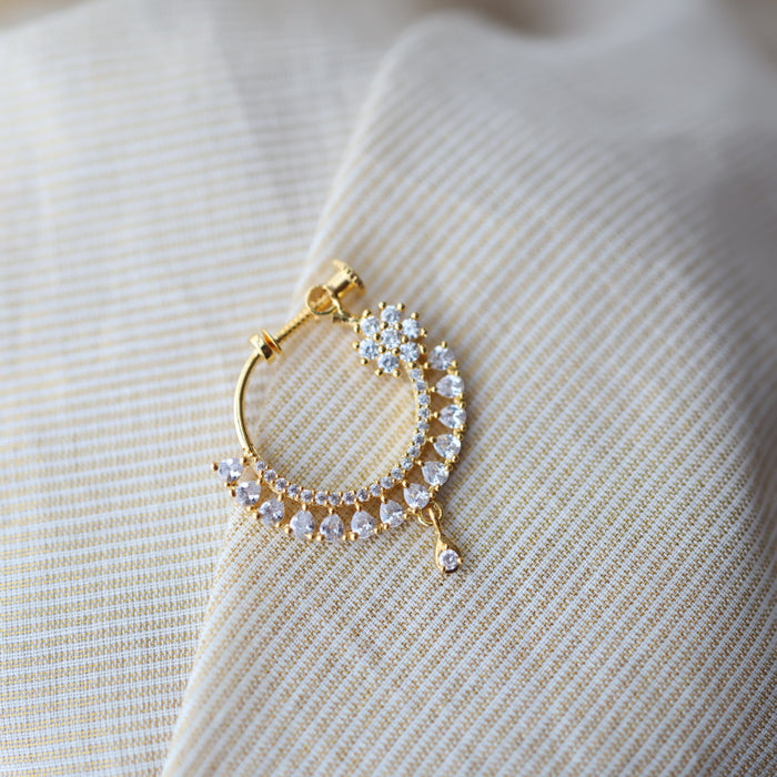 Heritage White Stone Gold-Plated Nose Ring | Traditional Indian Nath HN1005