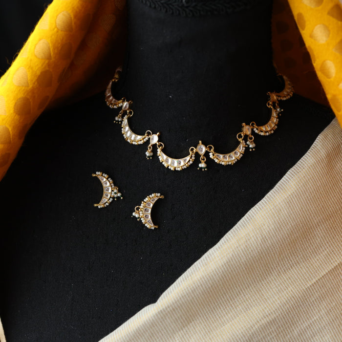 Minimal kundan white stone short necklace with earrings MS3247