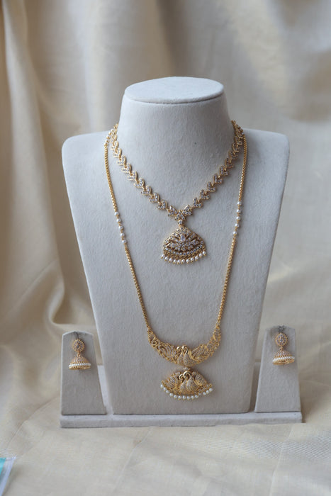 Heritage gold plated white stone long and short necklace with earrings HLS688
