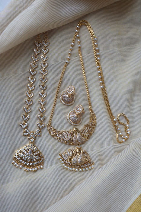 Heritage gold plated white stone long and short necklace with earrings HLS688