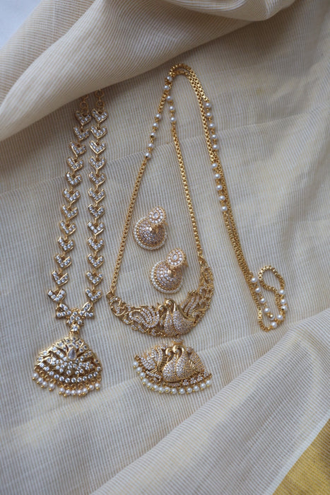 Heritage gold plated white stone long and short necklace with earrings HLS688