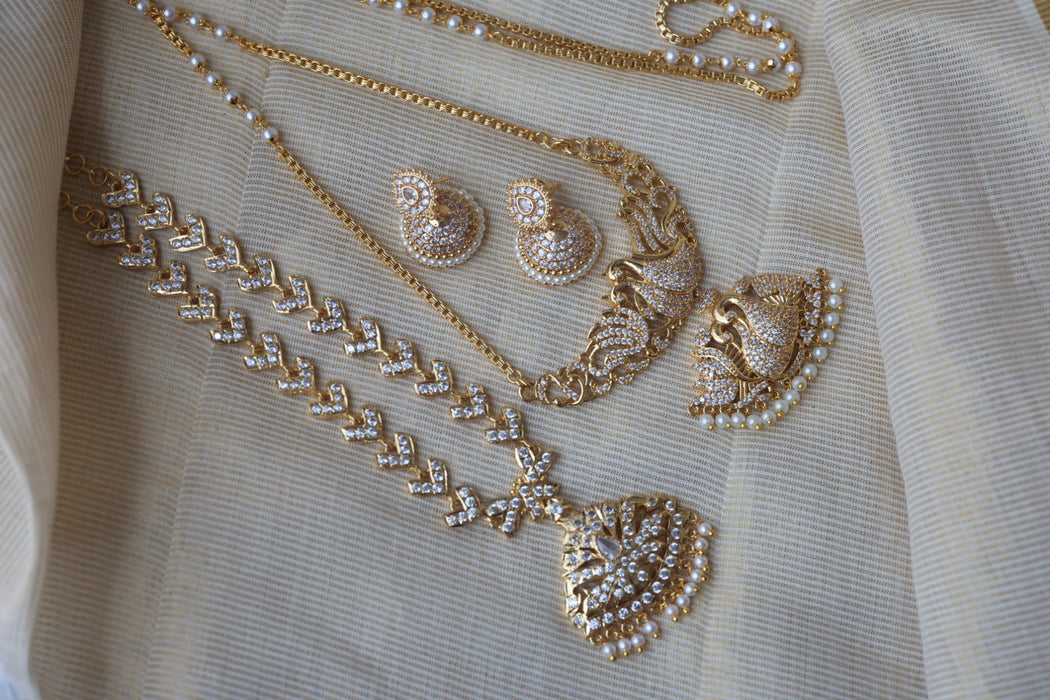 Heritage gold plated white stone long and short necklace with earrings HLS688
