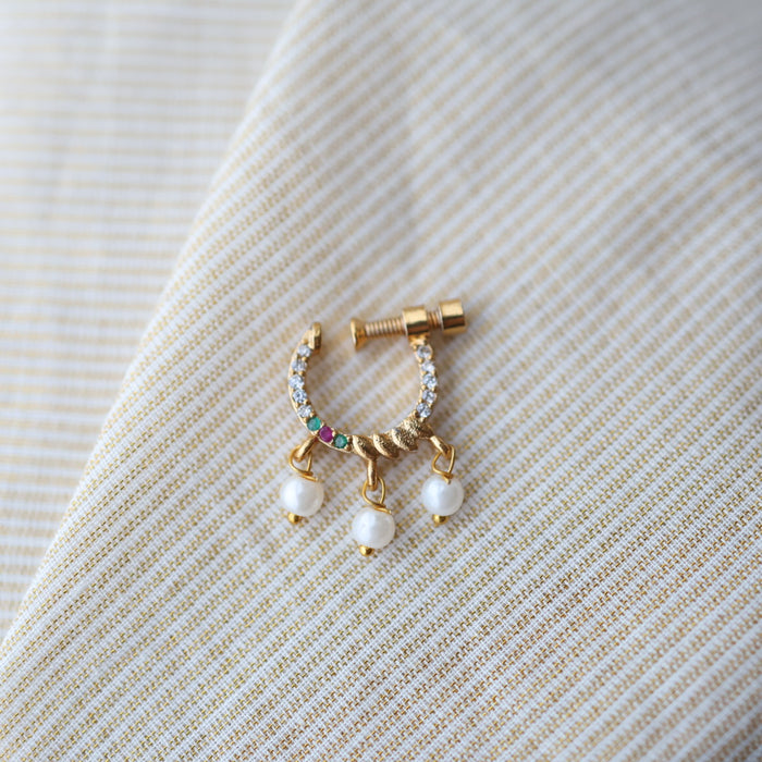 Heritage White Stone Gold-Plated ruby green stone Nose Ring | Traditional Indian Nath HN1011