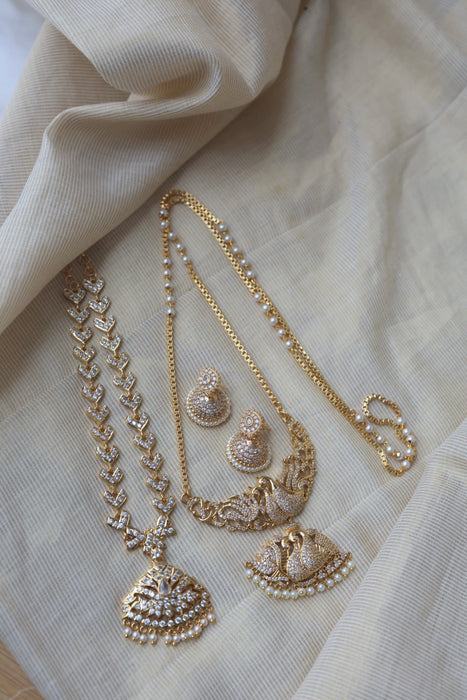 Heritage gold plated white stone long and short necklace with earrings HLS688