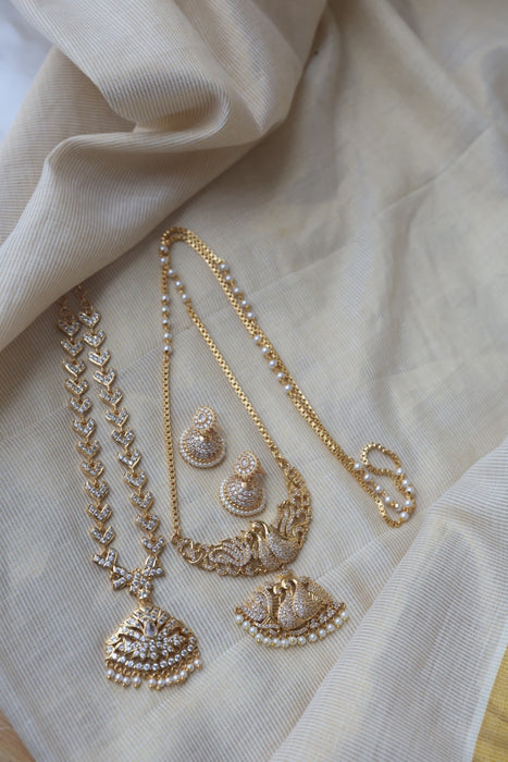 Heritage gold plated white stone long and short necklace with earrings HLS688