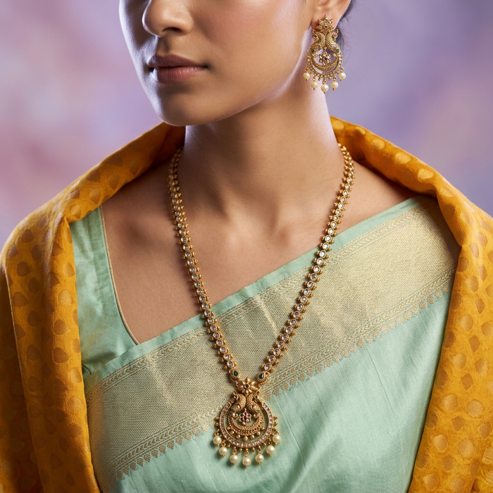 Antique gold simple long necklace with earrings LL02631