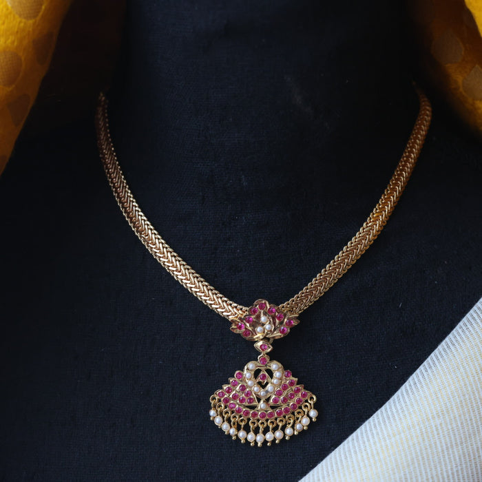 Heritage gold plated ruby pearl stone short necklace H1878