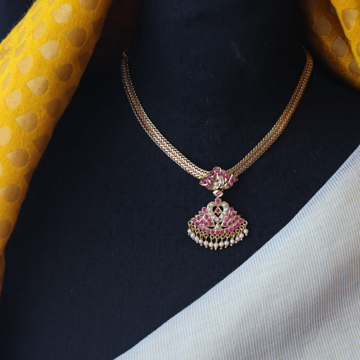 Heritage gold plated ruby pearl stone short necklace H1878