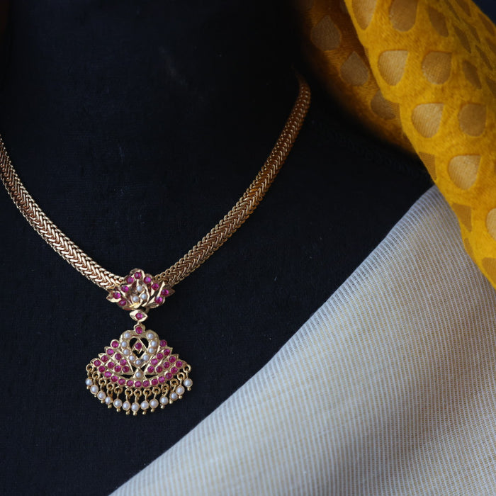 Heritage gold plated ruby pearl stone short necklace H1878