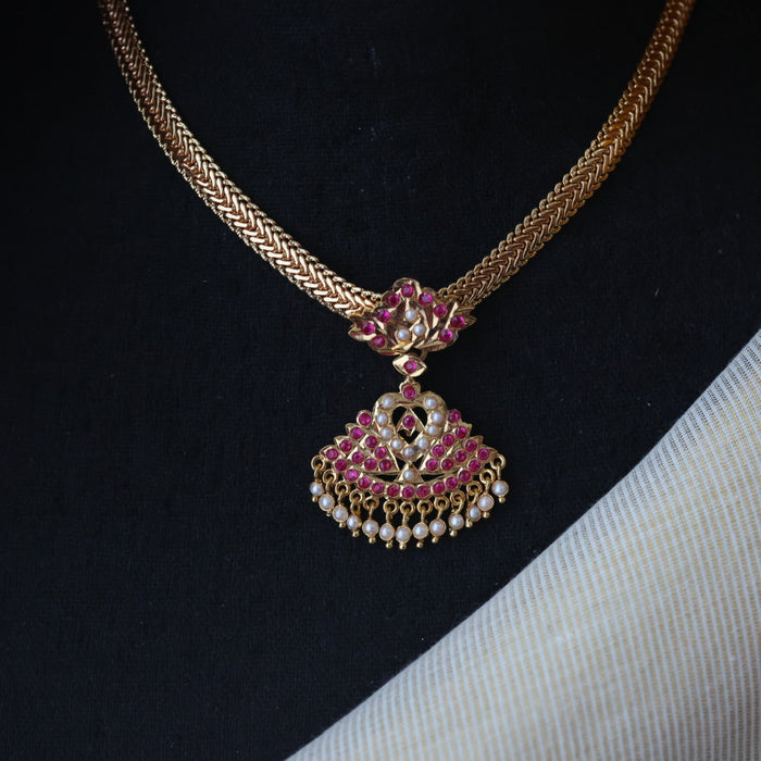 Heritage gold plated ruby pearl stone short necklace H1878