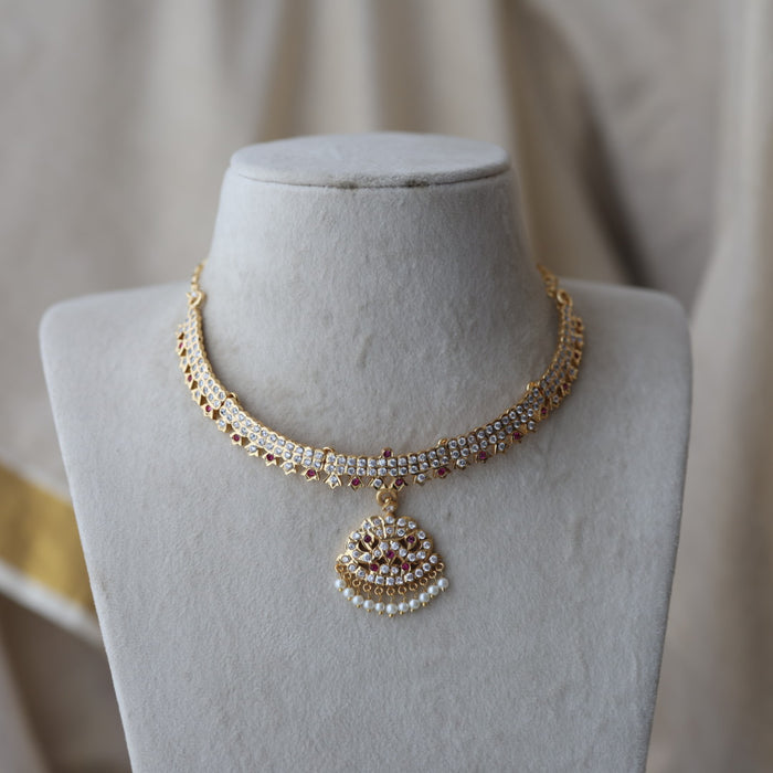 Heritage gold plated ruby white stone short  necklace H8811