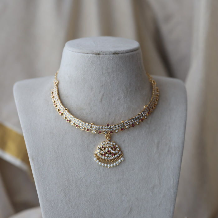 Heritage gold plated ruby white stone short  necklace H8811
