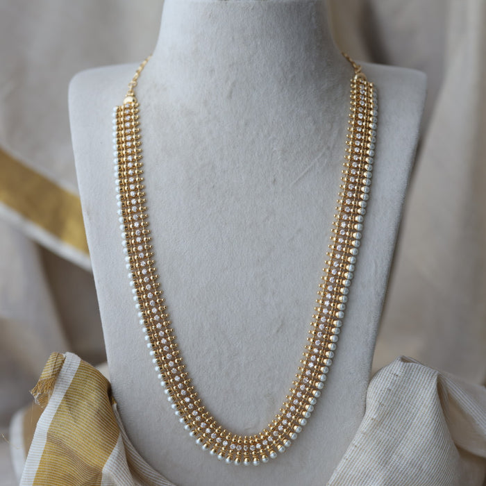 Heritage gold plated pearl and white stone long necklace HL6833