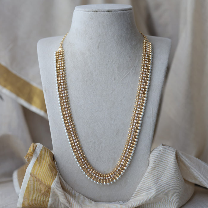 Heritage gold plated pearl and white stone long necklace HL6833