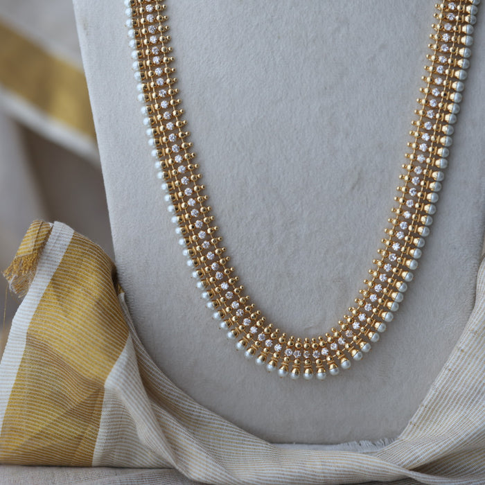 Heritage gold plated pearl and white stone long necklace HL6833