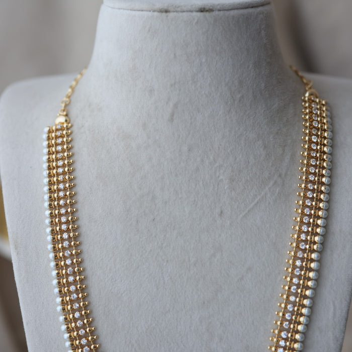 Heritage gold plated pearl and white stone long necklace HL6833