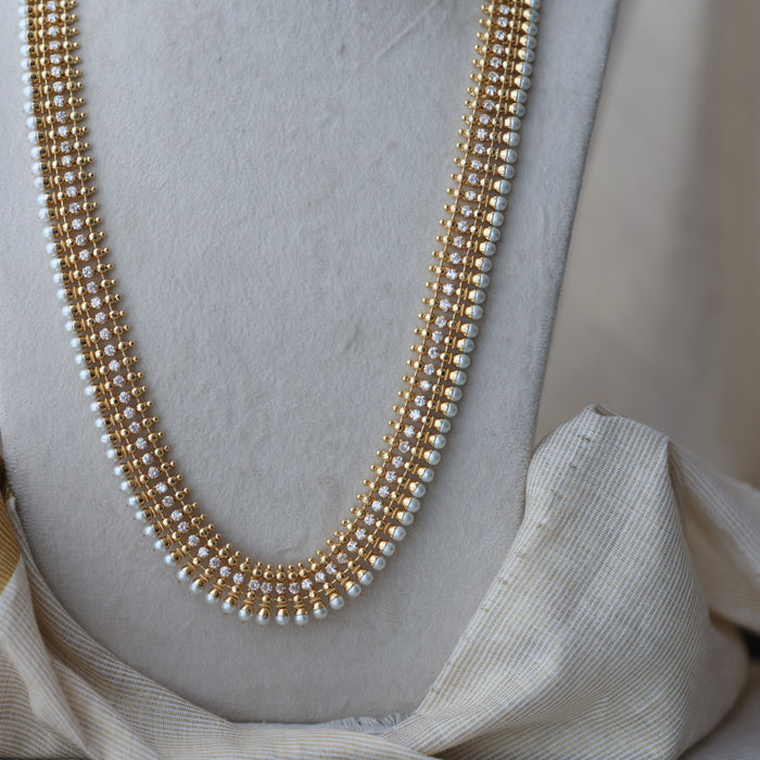 Heritage gold plated pearl and white stone long necklace HL6833