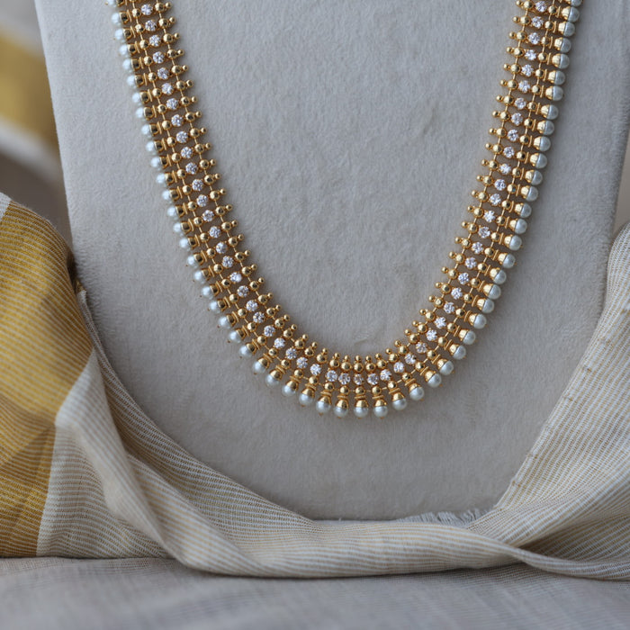 Heritage gold plated pearl and white stone long necklace HL6833