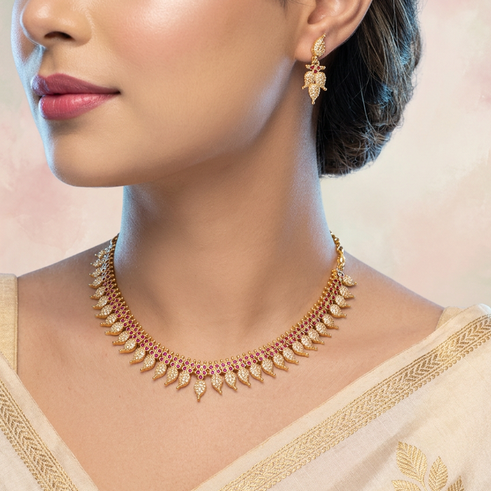 Heritage gold plated ruby white stone mango short necklace with earrings H8811