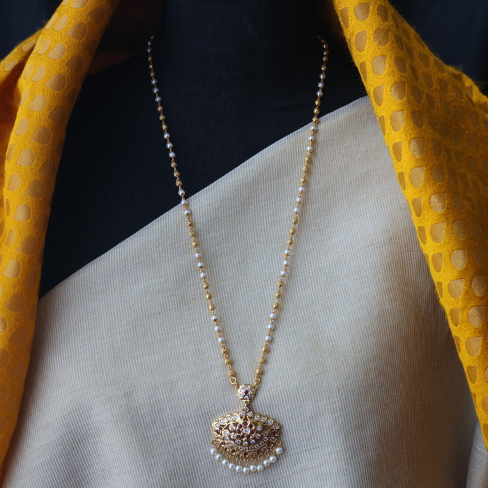 Heritage gold plated ruby white stone padakam long necklace HP109