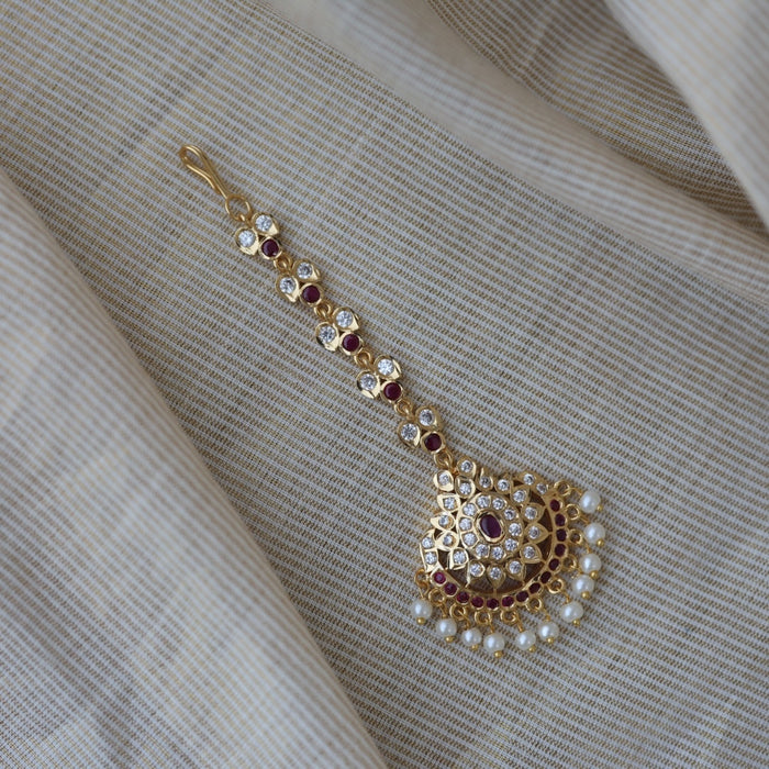 Heritage gold plated ruby white stone pearl maang tikka TH912