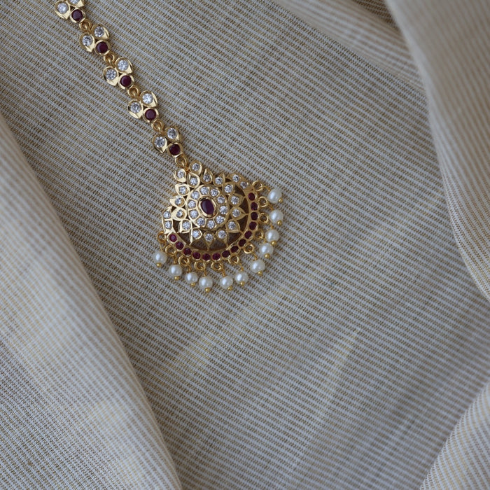 Heritage gold plated ruby white stone pearl maang tikka TH912