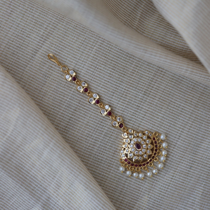 Heritage gold plated ruby white stone pearl maang tikka TH912