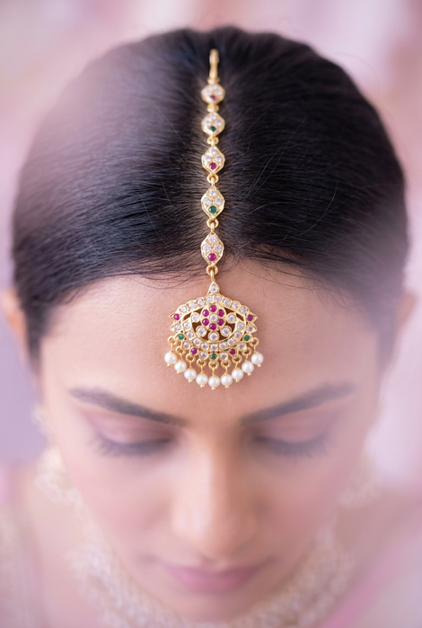 Heritage gold plated ruby white stone maang TH8942