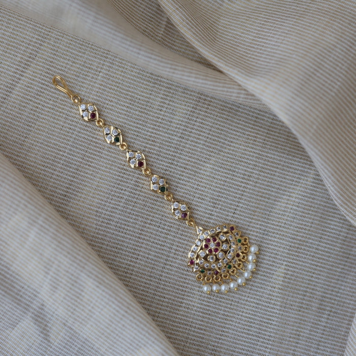 Heritage gold plated ruby white stone maang TH8942