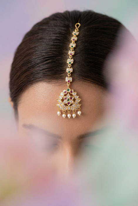 Heritage gold plated ruby white green stone maang TH322