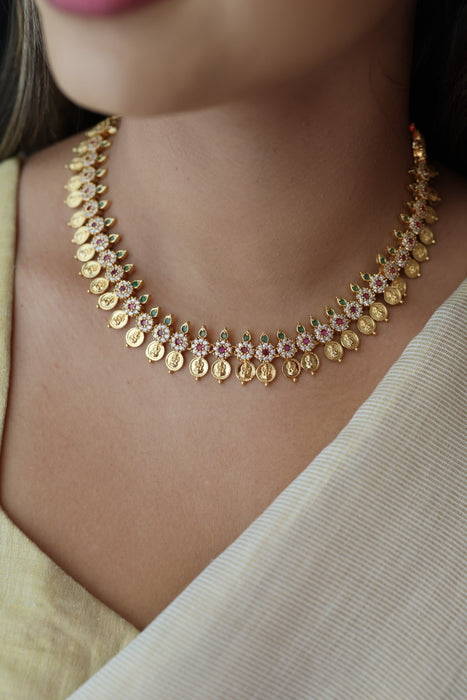 Heritage gold plated multi stone coin short necklace with earrings  H91023
