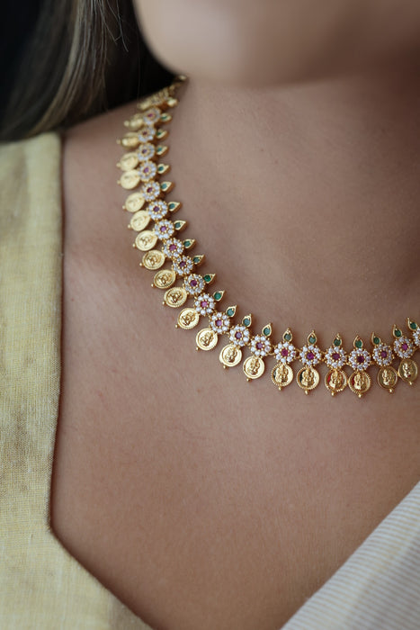 Heritage gold plated multi stone coin short necklace with earrings  H91023
