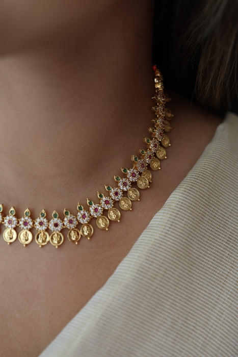 Heritage gold plated multi stone coin short necklace with earrings  H91023