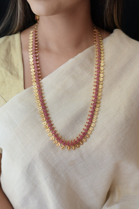 Heritage gold plated ruby stone coin long necklace with earrings HL0822