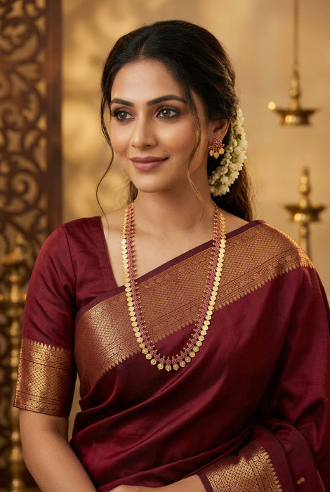 Heritage gold plated ruby stone coin long necklace with earrings HL0822