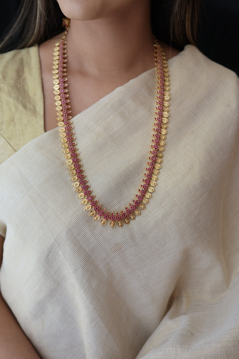Heritage gold plated ruby stone coin long necklace with earrings HL0822