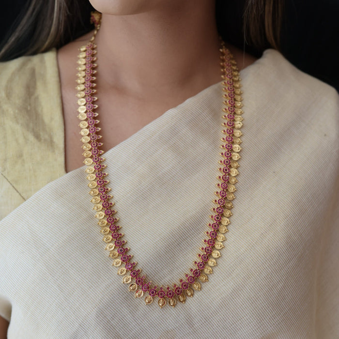 Heritage gold plated ruby stone coin long necklace with earrings HL0822