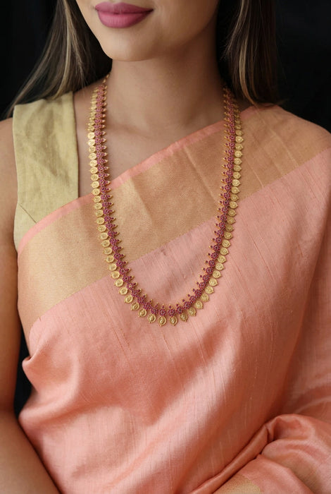 Heritage gold plated ruby stone coin long necklace with earrings HL0822