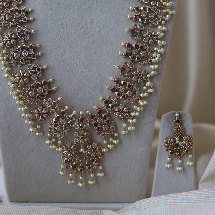 Antique ruby white stone long necklace and earrings LL020123
