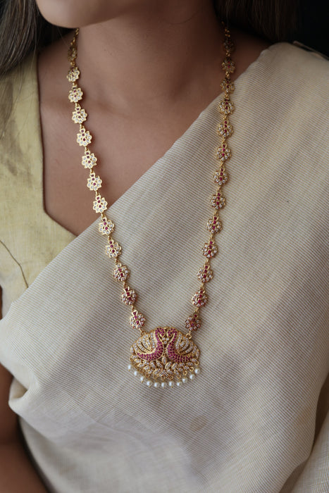 Heritage gold plated ruby white stone padakam long necklace HP0922