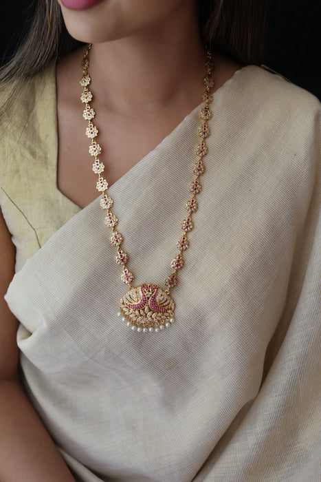 Heritage gold plated ruby white stone padakam long necklace HP0922