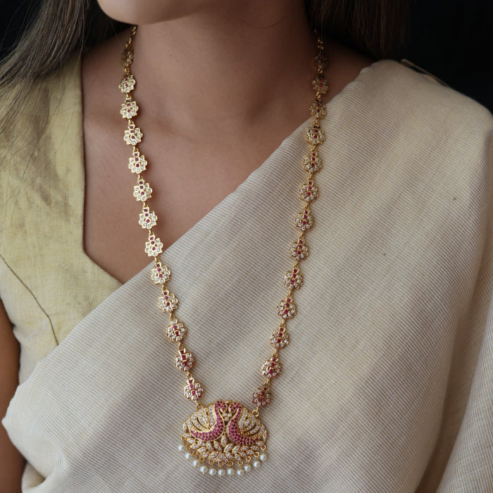 Heritage gold plated ruby white stone padakam long necklace HP0922