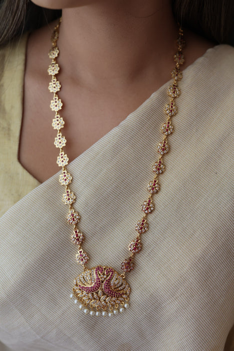 Heritage gold plated ruby white stone padakam long necklace HP0922